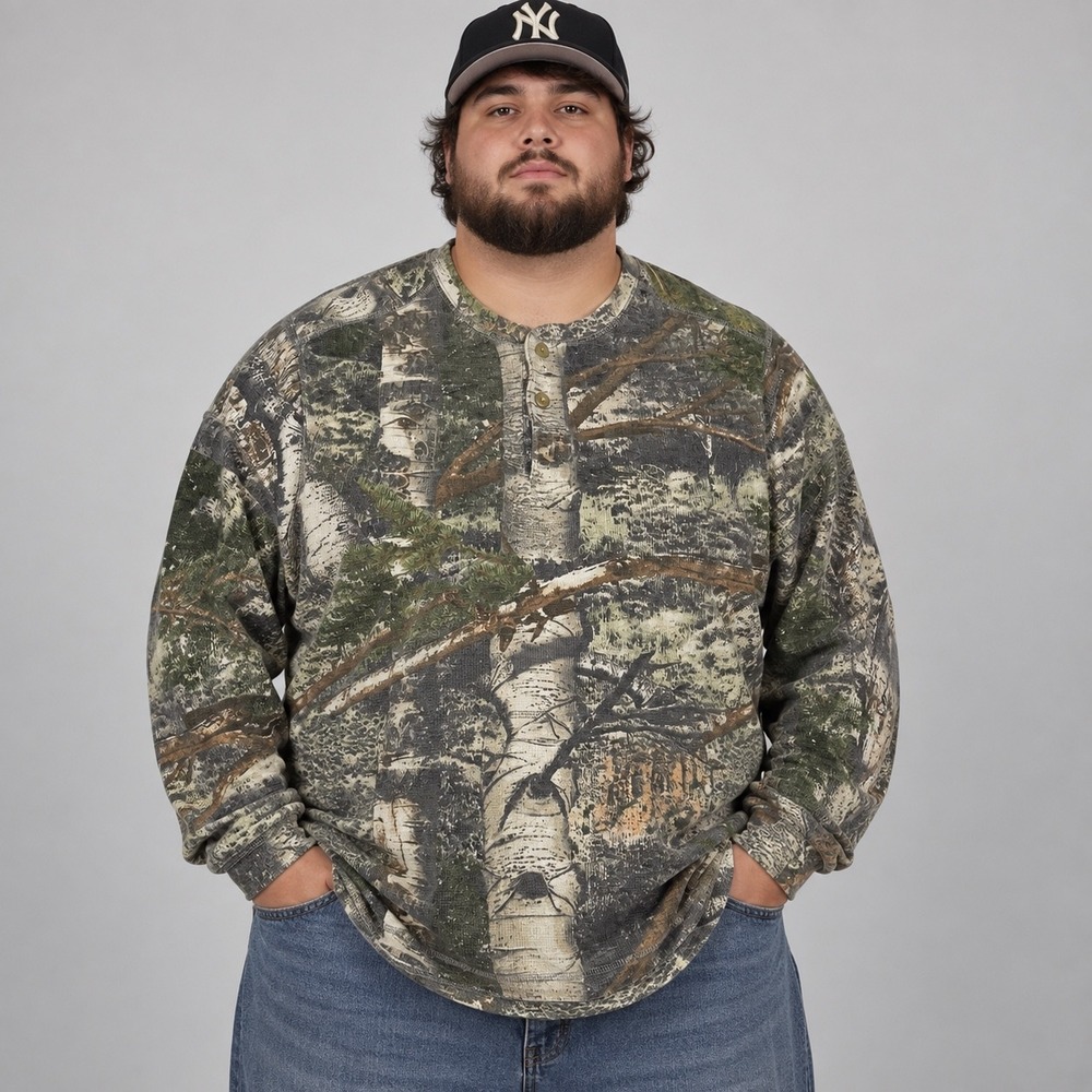 Mossy Oak Shirt Mens 2XL Camo Henley Long Sleeve Thermal Woodland Hunting  Work